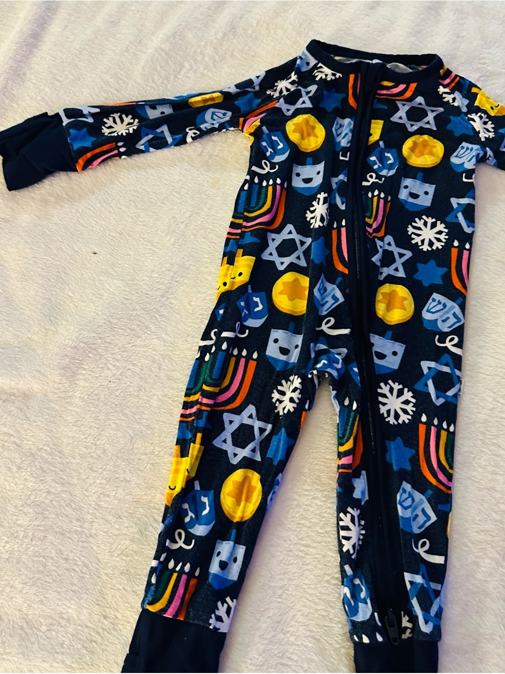 okie dokie Navy Hanukkah Print One-Piece Footie Pajamas